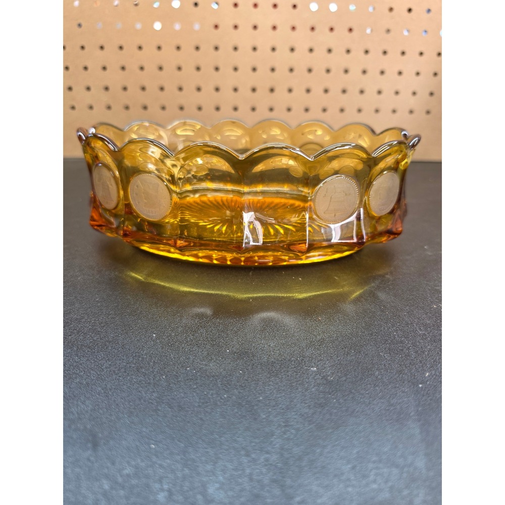 Fostoria Coin Glass Amber Oval Bowl Scalloped Edge Liberty Bell 1887 Vintage